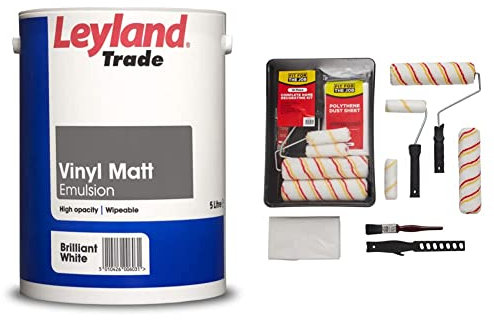 Leyland Trade 264803 Vinyl Matt Emulsion Paint - Brilliant White 5L & Fit For The Job 10pcs Home Decorating Kit - Paint Rollers & Tray Set with Brush, Dust Sheet, Stirrer