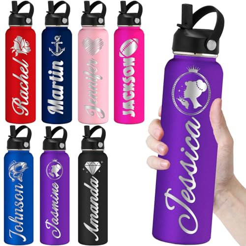 kioskbanks Botellas de agua personalizadas con pajilla, botella de agua grabada personalizada para la escuela, nombre personalizado, doble pared aislada, color morado