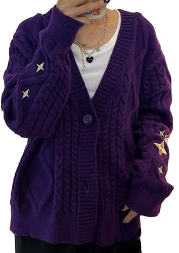 Mvdlinnds Donne Cardigan Maglioni Maniche Lunghe Scollo a V Stampato Bottoni Giù Maglione Maglieria, Viola, L