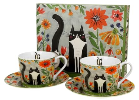 DUO ANIMALS 2er-Set Tassen 230 ml CAT'S WORLD – MEADOW mit Untertassen, New Bone China Porzellan