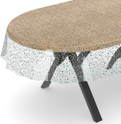 ANRO Tischdecke transparent Folie durchsichtige Wachstuchtischdecke Tischschutz Schutzfolie Tischfolie Bedruckt Motiv Terrazo Oval 140 x 240cm Schnittkante