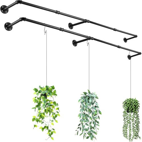 Honeydak 2 Pcs 72.05 x 10.63 Inch Plant Hanging Rod with Hooks Metal Plant Hanger Indoor Holder Window Shelves Hanging Planters Wall Mount Planter Bar for Ceiling Garden, Black