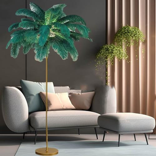 VEGIONES Ostrich Feather Floor Lamp Palm Tree Floor Lamp,63'' Elegant Natural Ostrich Feather Floor Lamps,Romantic Princess Bedroom Bedside Lamp,Decorative Lighting (Green)