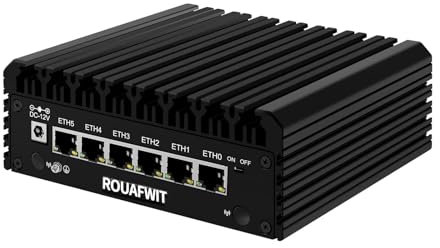 ROUAFWIT N100 Mini PC Fanless Micro Firewall, DDR5 32GB RAM 512GB SSD Router Piccolo Computer Apparecchio, 6 x 2.5Gbe i226-V LAN, TF slot, Type-C, Supporto Linux, OPNsense, AES-NI