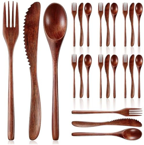 Juego De Vajilla De Madera, 24 Piezas, Estilo Japonés, Cuchara, Tenedor, Cuchillo, Cubiertos, Vajilla Portátil, Cubiertos De Viaje Reutilizables para Cocina, Hogar, Restaurante, Viajes