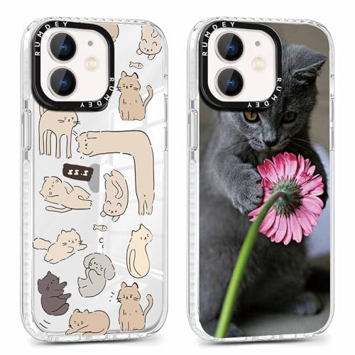 Foonary 2 Pack Clear Print Phone Case for iPhone 12/iPhone 12 Pro 6.1,Slim Soft Silicone with Cute Cat Design Aesthetics Transparent Pattern Cases,Shockproof Bumper Protector Cover for iPhone 12