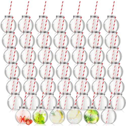 Yaomiao 48 Pcs 10 oz Mini Plastic Fish Bowl Ornament Cups for Drinks Clear Spherical Potion Bottles with Lids and Straws Bulb Cups for Christmas Carnival Candy Party Decorations (Red)