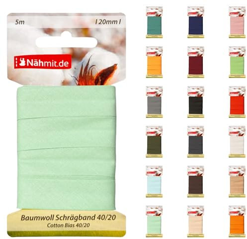 Nähmit 5m Karte Baumwoll Schrägband, 100% Baumwolle 20mm Breit - 40/20 vorgebügeltes Schrägband (A12-Pastellgrün, 5m Karte)