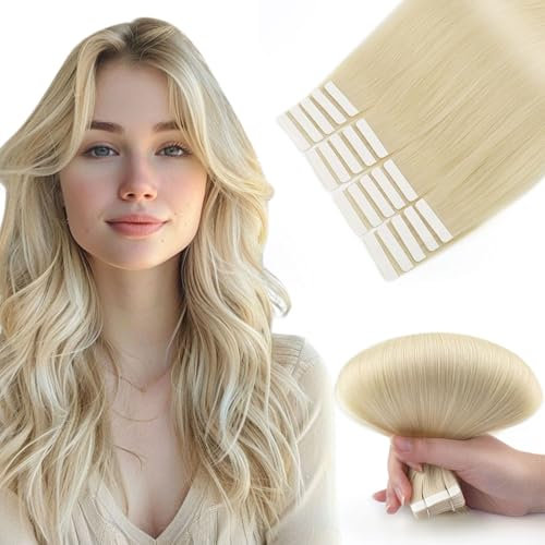 Yuniffe Tape in Extensions Echthaar Invisible Haarverlängerung Tape ins Hellblond Wiederverwendbar Doppelseitig Tape in Echthaar Extensions, 45 cm, 50 g, 20 Stück