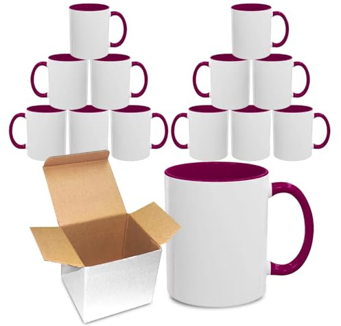 Sublimation Mugs 11oz Blank with Coloured Large Handle & Inner with Box | Durable, Ceramic Orca Finished Mugs Perfect for Custom & DIY Printing, for Loved Ones | Maroon Bulk Pack of 12