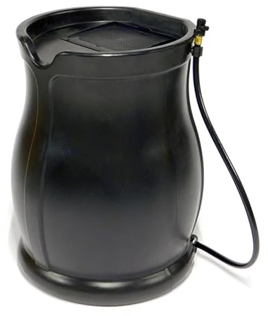 FCMP Outdoor 45-Gallon Catalina Rain Barrel – BPA-Free, Flat-Back Design with 3.5 Foot Garden Hose, Shut-Off Thumb Valve, and Fixed Lid (RB-CAT-BLK) Black