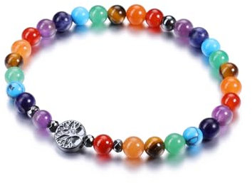 Jovivi 7 Chakra Bracciale Elastico con Perline in Pietre Naturali per Donna Ragazza Bracciale di Cristallo con Ciondolo Albero della Vita Guarigione 6mm Yoga Braccialetto con Ematite (7 Chakra)