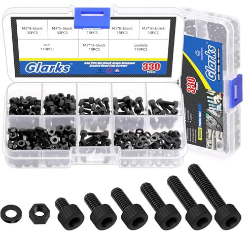 Glarks 330pcs M3 Negro Nylon Hexagon Socket Tornillo, 4/5/6/8/10/12 mm Hexagonal Cabeza Tornillo de cabeza de zócalo Tornillo de cabeza Allen de Nylon Tornillos de accionamiento con tuercas y
