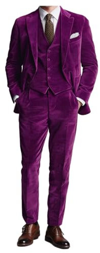 Abito da uomo in velluto a coste a 3 pezzi, con due bottoni, slim fit, lussuoso, giacca e pantaloni, Viola scuro, 50