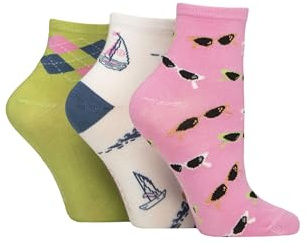 SockShop Women's Bamboo Ankle Socks - Plain, Patterned, Striped, Floral, Colourful, Bright, Smooth Toe Seams 3 Pairs Size 4-8 (UK, Numeric, 4, 8, Regular, Regular, Patterned Ocean View)