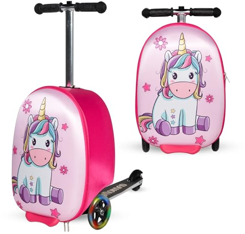 TinyNomad Adventure Valise de trottinette autoportée pour enfants – Bagage de voyage amusant avec trottinette intégrée, roues à DEL et design cabine pour enfants de 5 à 12 ans, rose, Licorne