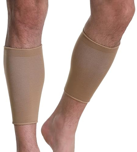 Neotech Care Calf Support Sleeve - Elastic & Breathable Knitted Fabric - Medium Compression (Beige Colour, Size L, 1 Pair)