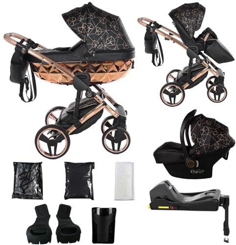 Junama Kinderwagen Diamond Heart 2in1 3in1 4in1 (02 - Schwarz und Kupfer, 4in1 mit ISOFIX Basis)