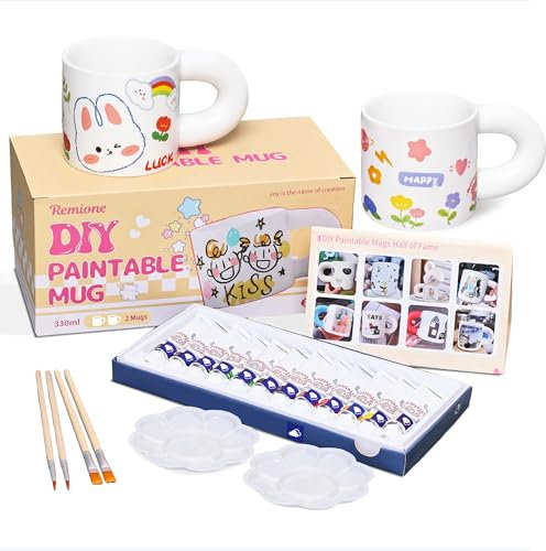 Remione Tazas Para Pintar, Pinta Tu Propia Taza, Pintar Tazas De Ceramica Kit, 12 Pinturas De Cerámica, Pinceles, Mini Paleta, Manual, Kit De Pintura De Tazas Para Adultos y Niños Mugx2