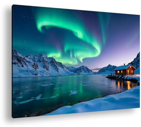 deyoli Polarlichter tanzen über einer einsamen Berghütte. Format: 100x70cm XXL Kunstdruck Motiv auf Holzrahmen/Leinwandbild/Wandbild/Wohnzimmer Dekoration