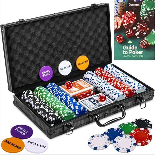 Queensell 300-Piece Poker Set with 300 Professional Weight Poker Chips for Texas Holdem – Poker Chip Set with Aluminum Carrying Case, Playing Cards, Dealer Buttons & Dice