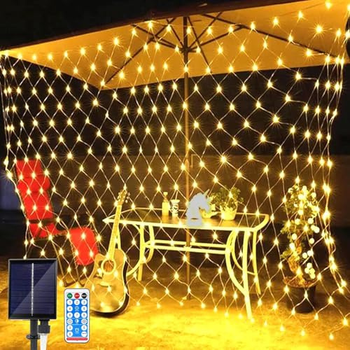 SIOOUI Lichternetz Solarleuchten Außen 1.5m x 1.5m, 96 LEDs Wasserdichte Lichterkette Netz mit Fernbedienung & 8 modi, Baum Lichterkette für Garten Balkon Zaun Weihnachten Party Dekoration -Warmweiß