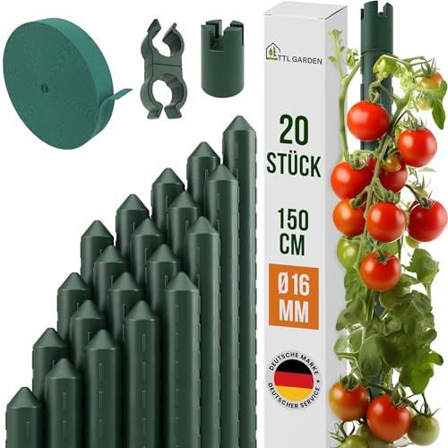 TTL GARDEN Rankstäbe 20er Set 150cm x 16mm Ø grün - extra stabil & rostfrei | 16mm Rankhilfe Pflanzstäbe + Klettband + Clips Stahl kunststoffbeschichtet Pflanzenstütze Blumenstütze Tomaten Paprika Blumen
