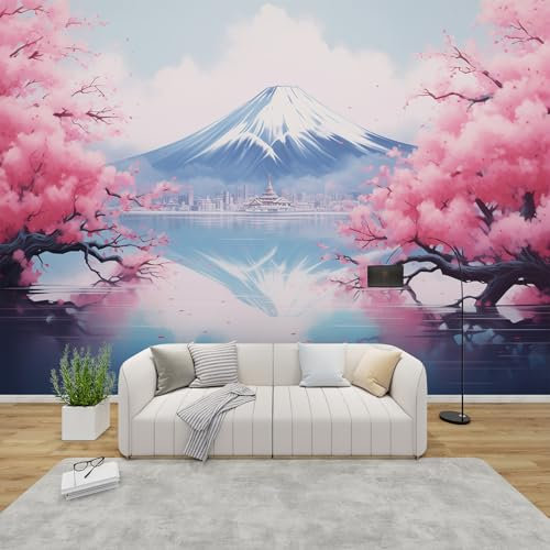 AevuCub Japanese Wallpaper for Living Room - Mount Fuji Wall Murals for Bedrooms, Cherry Blossom Wall Art, Non-Woven Photo Wallpaper 3D Effect, 150x105 cm