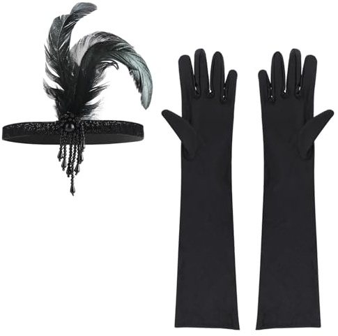Gjinxi Flapper Feder Haarband, Stirnband und Schwarz Lange Handschuhe Set | 1920er Jahre, Gatsby Kostüm Accessoires, Abendhandschuhe, Damen Kopfschmuck, Ellenbogenhandschuhe