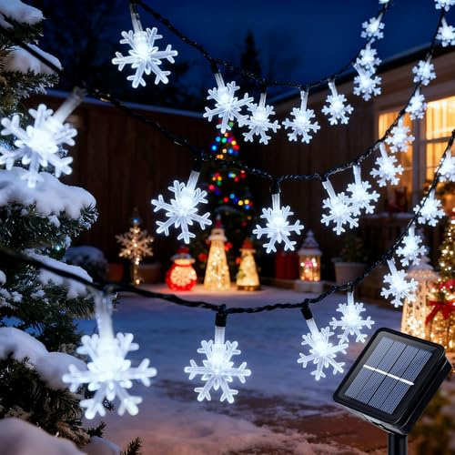 Qoosea Solar Schneeflocke Lichterketten Weihnachten, 7M 50 LED Solar Weihnachtsbeleuchtung Außen IP65 Wasserdicht, 8 Modi Solar Lichterkette, Solarleuchten Weihnachtsdeko für Garten Balkon Hochzeit