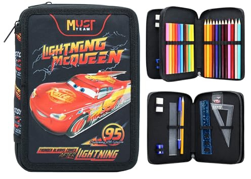 Disney Cars McQueen Doppel-Federmäppchen mit 2 Fächern, gefüllt mit Schreibwaren für Kinder | Schulset mit Buntstiften und Filzstiften | Geräumiges 2-Reißverschluss-Design | Geschenk für Jungen
