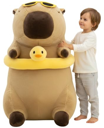 nerd hunters Capybara Plüschtier XXL 100 cm – Großes Weiches Kapibara Kuscheltier 3-in-1 Kissen & Deko – Riesen Stofftier zum Kuscheln für Kinder & Erwachsene (Capybara mit Ente)
