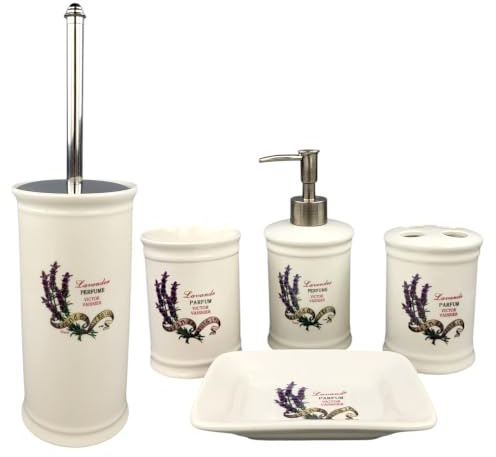 Landhaus Vintage Keramik Badset (Lavendel) Badezimmerset Badezimmer Badeset Set Bad Zubehör, Seifenspender Zahnbürstenhalter Seifenschale Zahnputzbecher WC Bürste Badgarnitur Garnitur (5er Set)