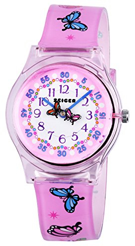 Zeiger Kinder Uhr Analog Quartzwerk mit Silikon Armband fur Lern Rosa Schmetterling 34mm KW098BUT