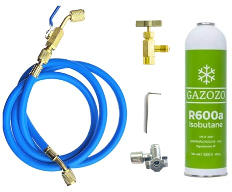 Reparatur-Set für Kühlschrank mit 2 Gasflaschen R600a 420 Gr. + Ausgang 1/4 Zoll M + Schlauch + Lochventil für Kupferrohr