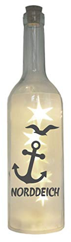 WB wohn trends LED-Flasche mit Motiv, Norddeich mit Anker Möwe, grau, 29cm, Leuchtflasche mit Text Spruch