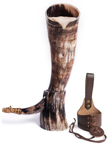 Norse Tradesman Original 50 cmOchsenhorn Wikinger Trinkhorn Mit Hornständer Und Messingrand Klassiker Mittelalter Bierkrug Für Herren Met Horn Trinken (Verziert, Niedrig poliert)