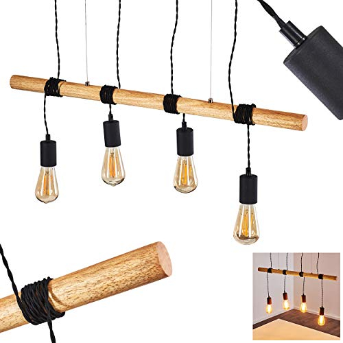 Pendelleuchte Oostkapelle, Hängelampe aus Metall/Holz in Schwarz/Braun, 4-flammig, 4 x E27, moderne Hängeleuchte, ohne Leuchtmittel