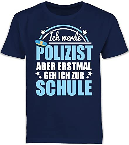Kinder T-Shirt Jungen Schulanfang - Einschulung Junge - Ich werde Polizist Schulbeginn - weiß/hellblau - 128 (7/8 Jahre) - Navy Blau - schul Outfit Jungs Shirt Schulkind schulanfänger Polizei