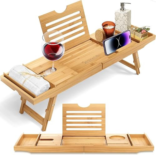 SereneLife 2-in 1 Badewannenablage & Betttablett – Klappbares Tablett für Frühstück im Bett & in der Badewanne aus Bambus – Wasserdichtes Serviertablett, Länge & Höhe Verstellbar– Badewannenbrett Holz