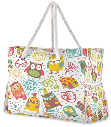 Mnsruu Strandtasche XXL Eulen Schulter Strand Tote Baumwolle Seil Griffe Reise Tote Tasche für Frauen