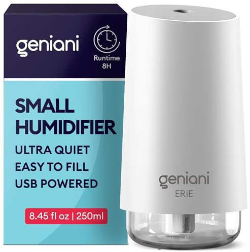GENIANI Portable Small Cool Mist Humidifiers 250ML - USB Desktop Humidifier for Plants, Office, Car, Baby Room with Auto Shut Off & Night Light - Quiet Mini Humidifier (White)