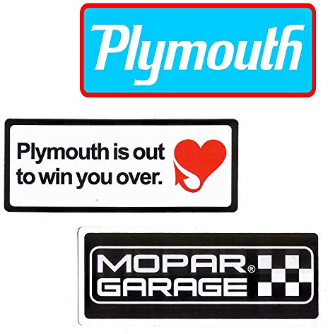 Mopar Vinyl Sticker 3 Stück 'Mopar Garage', '1969-94 Plymouth Logo', 'Plymouth is Out to Win You Over' - Schwarz, Rechteckig, Lichtbeständig, Polyvinylchlorid, Retro-Modern, Innen- und Außenbereich