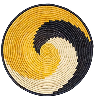 LaLe Living Deko-Schale DAYO handgefertigt aus Bananenfasern & Papyrus, Wandkorb Ø30 cm in Schwarz/Natur/Gelb mit Ethno-Musterung auch als Wanddekoration im Boho Living Stil