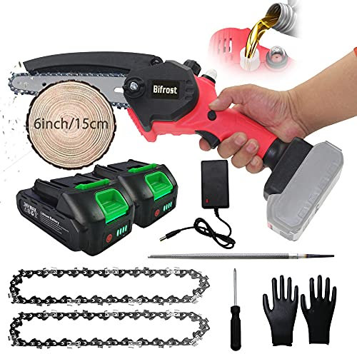 Mini Motosega Batteria 6 Pollici Portatile Motosega da Potatura a Batteria con Caricatore e 2 Batterie, Piccola Sega Elettrica per Potatura di Alberi e Giardino, Pompa Olio Semiautomatico,red