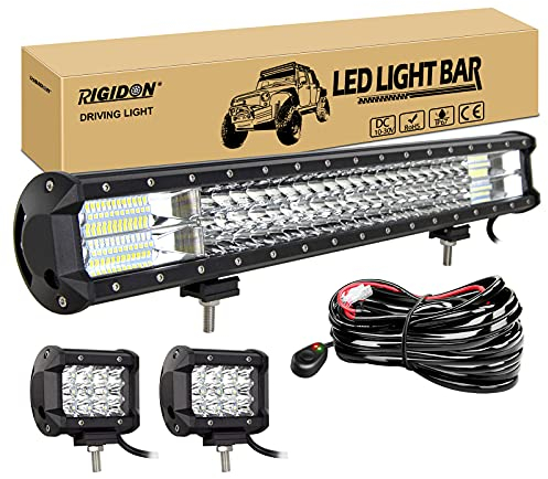 RIGIDON 23 Zoll 58 cm 324W led lichtbalken mit 12V kabelbaum und 2 pcs 4 zoll 36W strahler spot arbeitsscheinwerfer bar für SUV Offroad ATV UTV Traktor LKW 4x4 Auto, 6000K Weiß led scheinwerfer