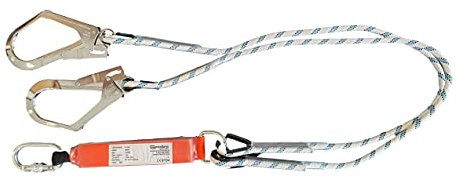 Cordino SpanSet anticaduta 2mt con assorbitore di energia a strappo e due ganci da ponteggio. Conforme alla norma EN355.