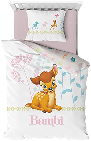 Bettwäsche Disney Bambi, 100% Baumwolle, für Baby- oder Juniorbett, Bettbezug 100 x 140 cm + Kissenbezug 40 x 60 cm