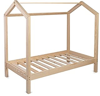 Kinderbett Bett Hausbett 120x200 mit Rausfallschutz Lattenrost Bettgestell aus Kiefer Holz für Haus Kinder Jungen & Mädchen - Holzbett Baby Kinderzimmer Junge Deko (Rausfallschutz: KEIN)
