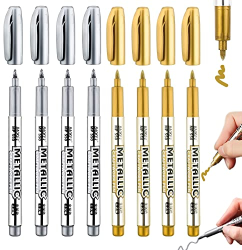 Ruucy 8 Stück Gold Silber Metallic Stifte, 1.5 mm Goldstift Metallic Marker, Goldener Stift Silberstift Acrylstift für Holz, Stein, Gästebuch, Karten, Handwerk, Metall (4 Gold + 4 Silber)